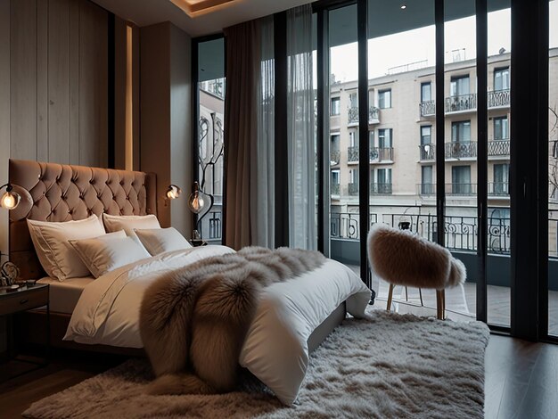 Photo a bed with a fluffy blanket on it and a city view in the background