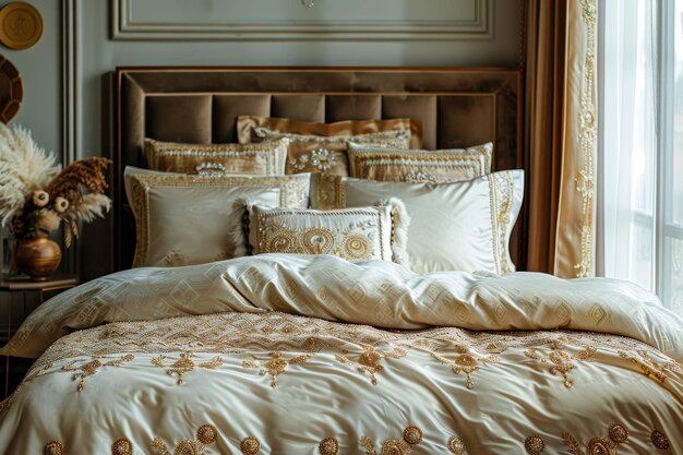 Photo a bed with a gold comforter and pillows