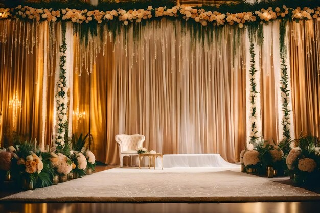 A bed with a gold curtain that says " the name of the wedding ".