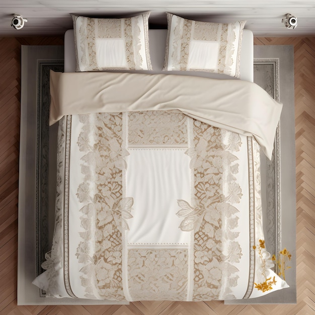 A bed with a gold and white bedding and a gold pillowcase.