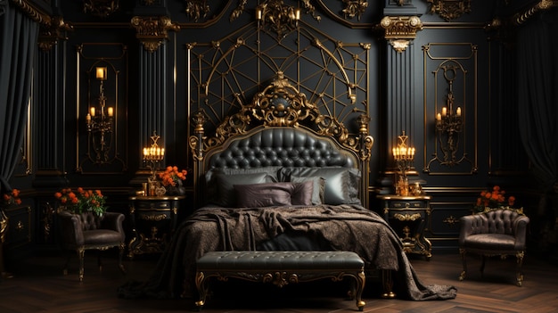 A bed with a gold