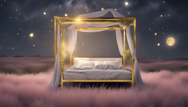 Bed with golden frame in a meadow at night