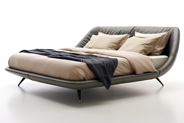 A bed with a gray and brown pillow on it