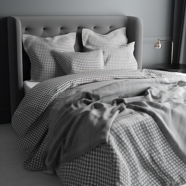 Кровать с бело-серым постельным бельем в клетку и черным изголовьем.