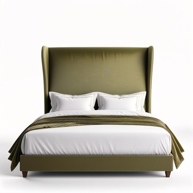 a bed with a green headboard and white sheets