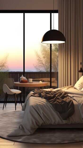 a bed with a lamp on it and a chair in front of a window