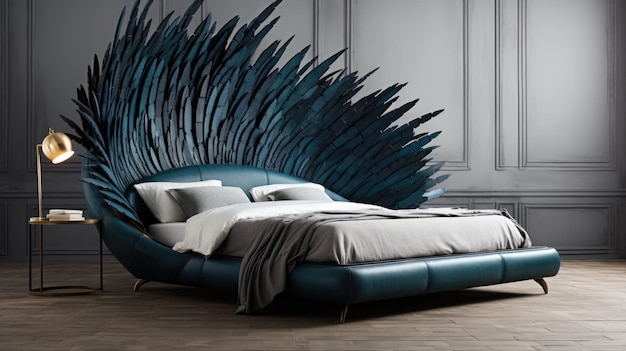 A bed with a large feather headboard ai