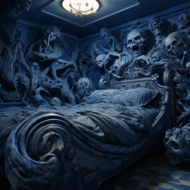 a bed with a lot of skulls on it