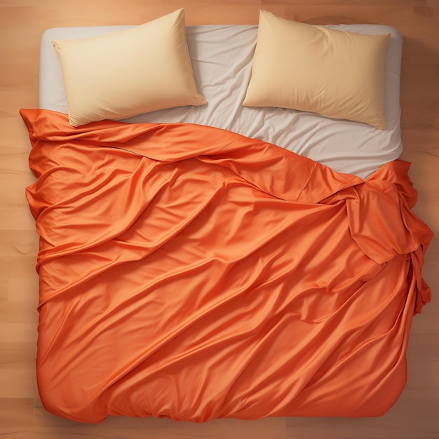 A bed with orange blanket and pillows