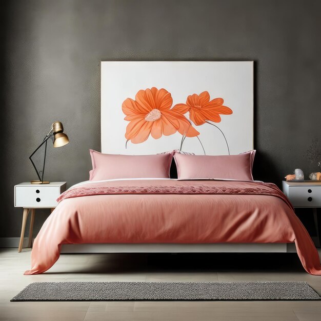 A bed with a picture of a flower on it