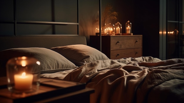 A bed with a pillow and a candle on the side