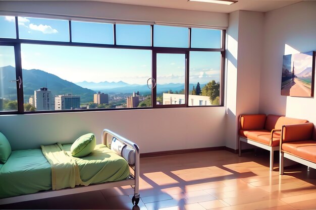 Photo a bed with a pillow on it and a window with a mountain view in the background.