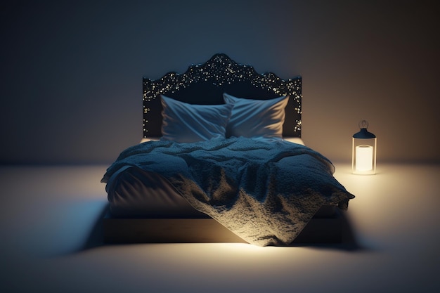 A bed with a pillow and a lamp on it