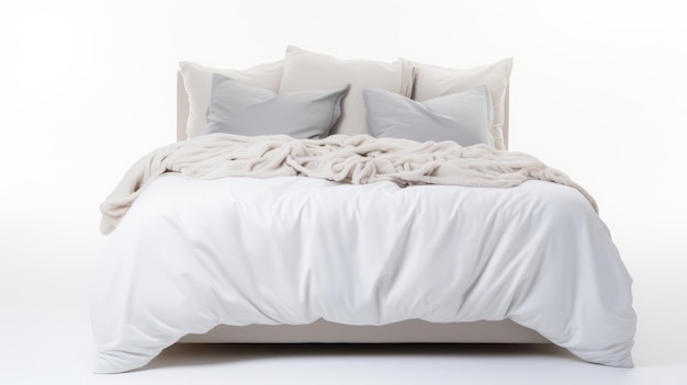 Photo bed with pillows and blankets on a white background