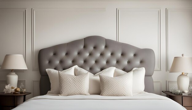 Photo a bed with pillows and a gray headboard with a white door behind it