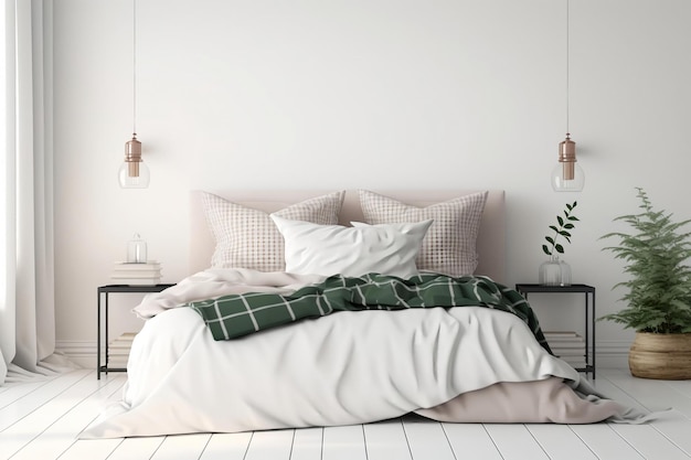 A bed with pillows and a green blanket in a white bedroom.