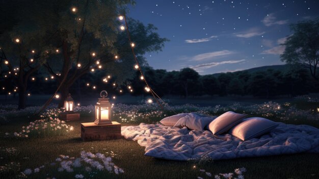 A bed with pillows and a lantern in the middle of grass ai