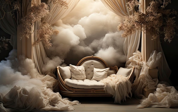 a bed with pillows and pillows and the words " dream " on the bottom.