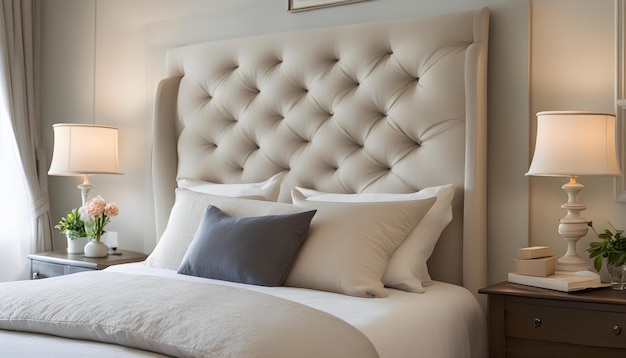 a bed with pillows and a wooden headboard