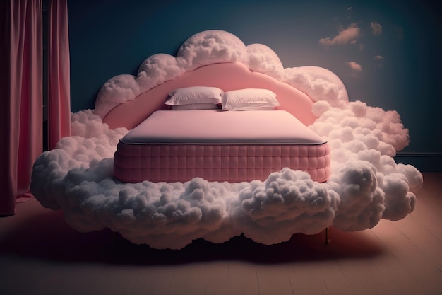 Bed with pink clouds Creative design concept Ai generation