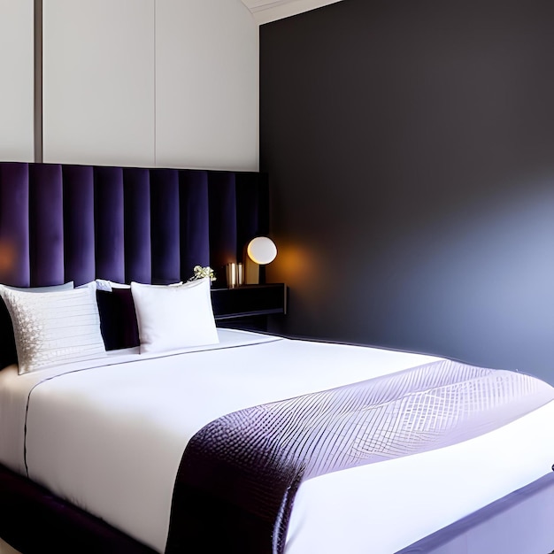 A bed with a purple headboard and a purple headboard.