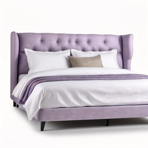 a bed with a purple upholing and white sheets