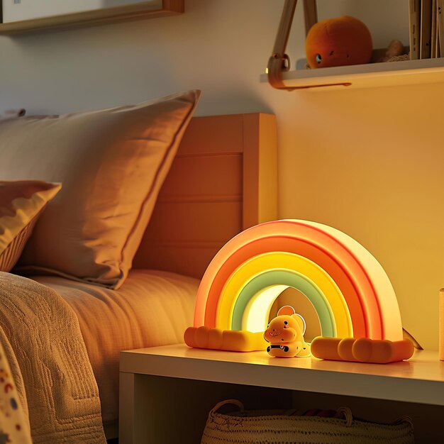 A bed with a rainbow lamp and a teddy bear on it next to a bed with a pillow and a pillow