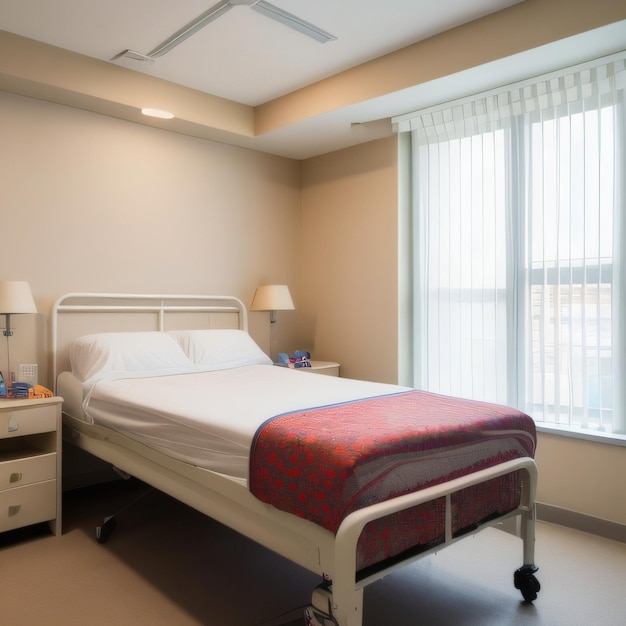 A bed with a red blanket on it and a white bed with a red blanket on it.