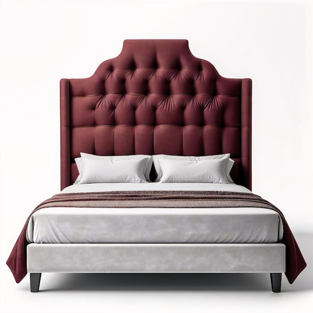 a bed with a red headboard and pillows