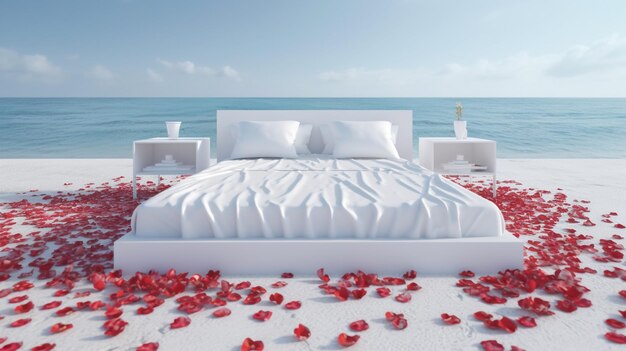 A bed with red petals on the floor and a sea view in the background.