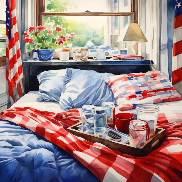 a bed with a red white and blue blanket and a red and white striped blanket