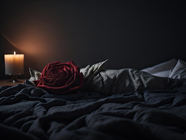 Bed with rose on black background ai generative