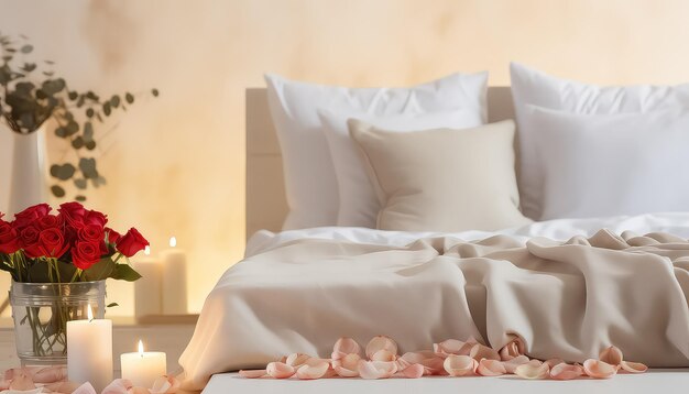 장미 꽃잎과 흐릿한 불빛의 침대 발렌타인 데이 컨셉