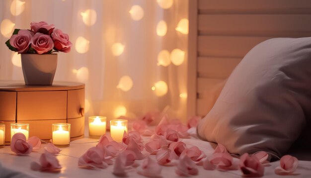 Bed with rose petals and blurred lights valentine's day concept