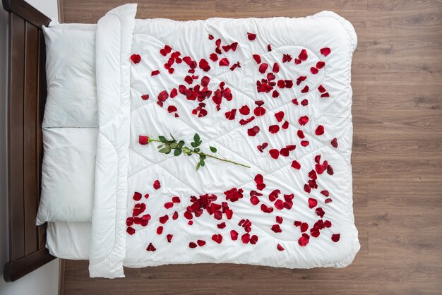 장미 꽃잎이 있는 침대. 위에서 보기