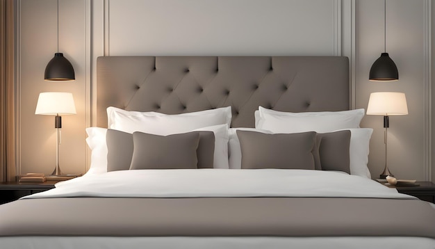 Photo a bed with several pillows on it and a white headboard