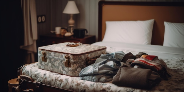 A bed with a suitcase on it and a lamp on the side.