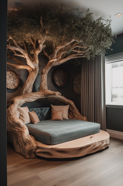 A bed with a tree trunk in the middle of it