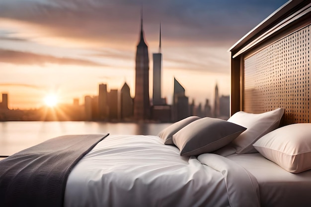 A bed with a view of the city skyline in the background