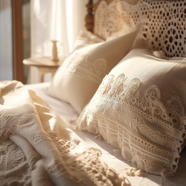 Photo a bed with a white bed with lace pillows and a window.