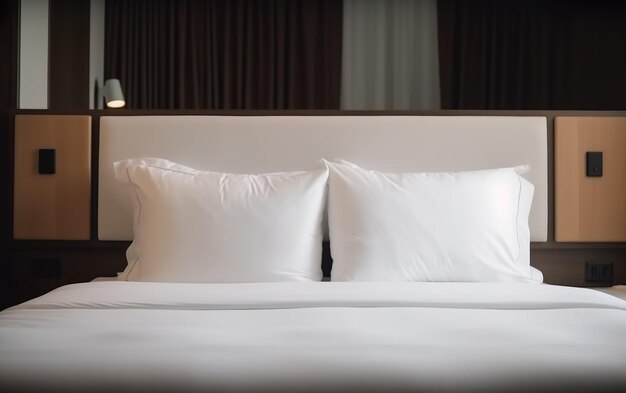 A bed with a white bed with a white pillow on it and a lamp above it.