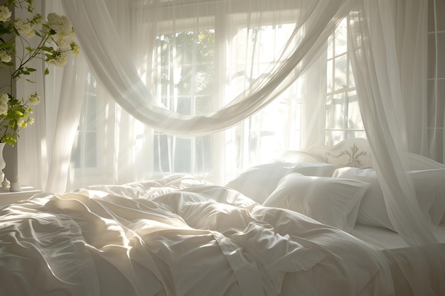 A bed with white bedding in the morning sunlight by a large window