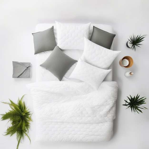 A bed with a white blanket and a green plant on the floor.