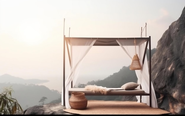 A bed with a white canopy and a vase on the side of it.