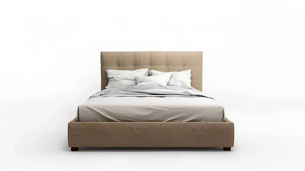 a bed with a white comforter and a brown headboard