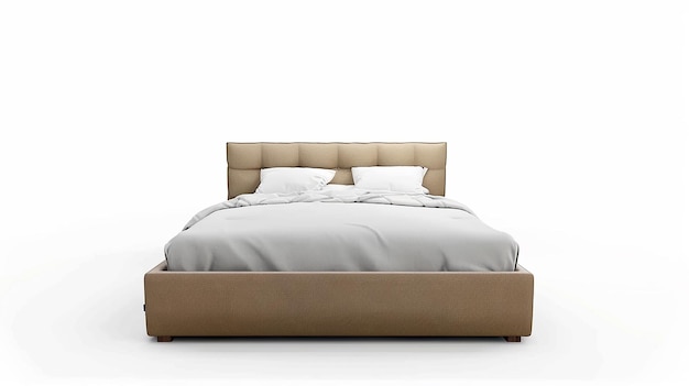 a bed with a white comforter and a brown headboard