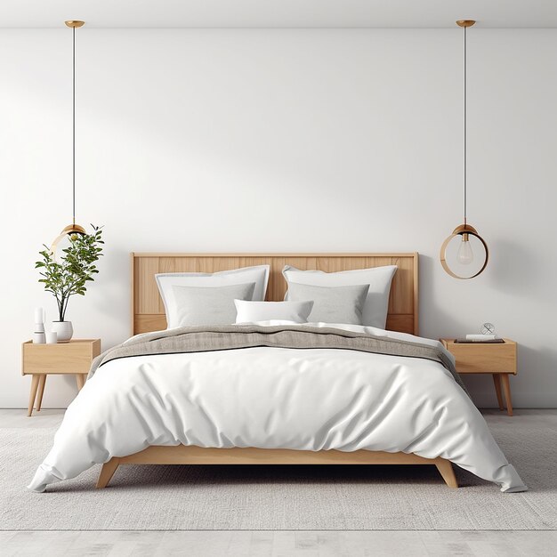 a bed with a white comforter and a clock on the wall.