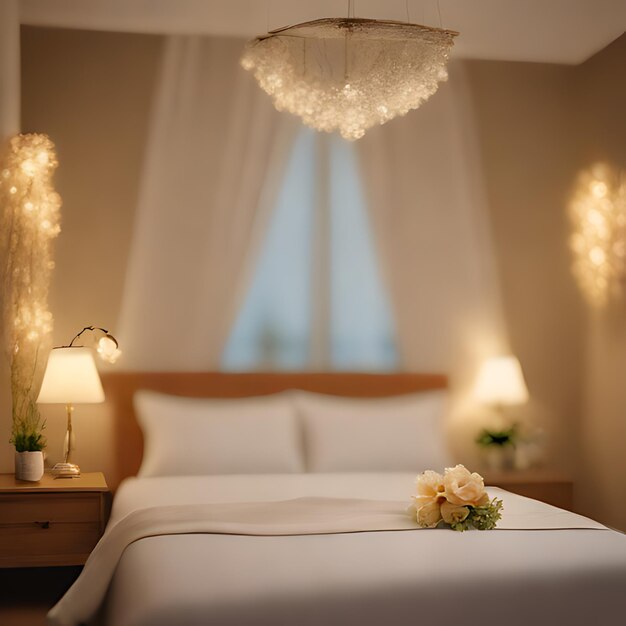 Photo a bed with a white comforter and flowers on a table