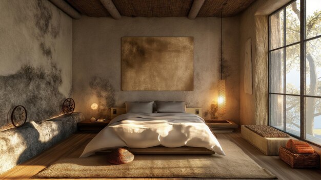 a bed with a white comforter and a painting on the wall