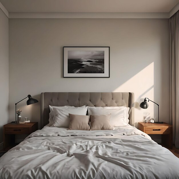 a bed with a white comforter and a picture of a beach scene